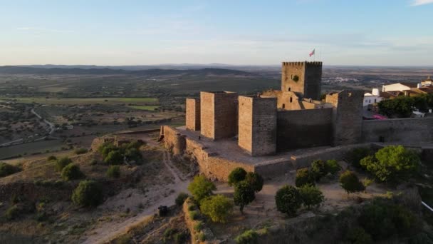 Aerial Orbiting Monsaraz Castle Sunset Portugal — Stockvideo