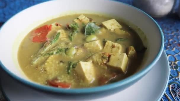 Indonesian Traditional Vegan Food Coconut Curry Soup Tofu Vegetables — Wideo stockowe
