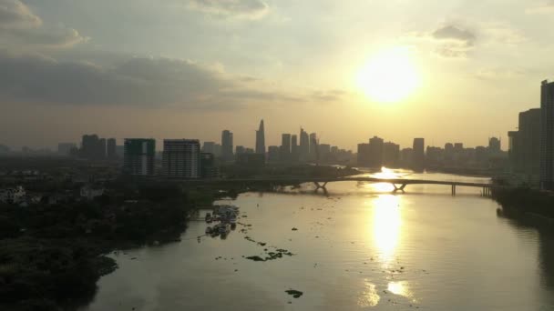 Tracking Saigon River Vietnam Drone View Bridge Modern City Skyline — Video