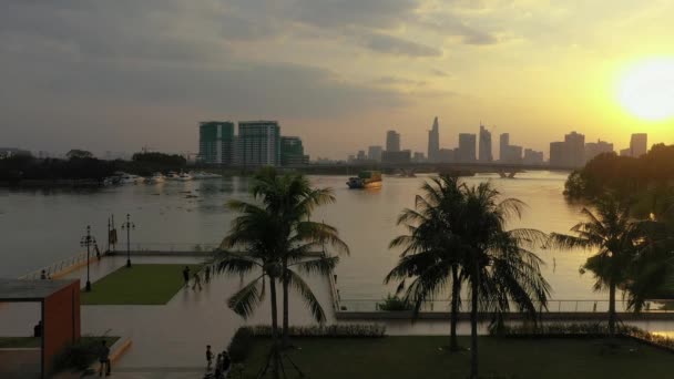 Beautiful Tropical Sunset Park Scene Drone People Enjoying Leisure Activities — Stock video