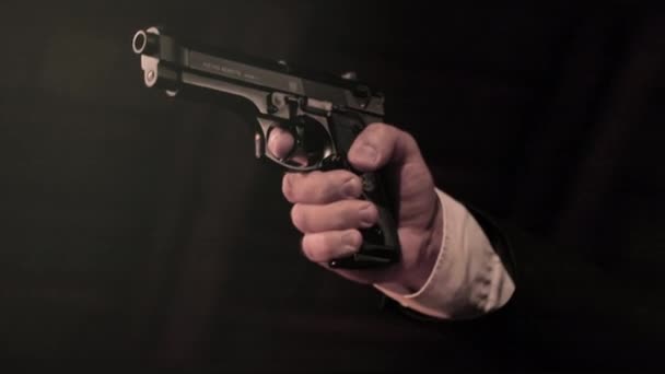 Close Man Hands Suit Lifting Pistol Dark Background — Video Stock