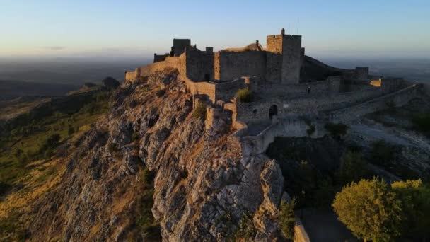 Drone Flies Pass Walls Marvao Castle Golden Sunset — Wideo stockowe