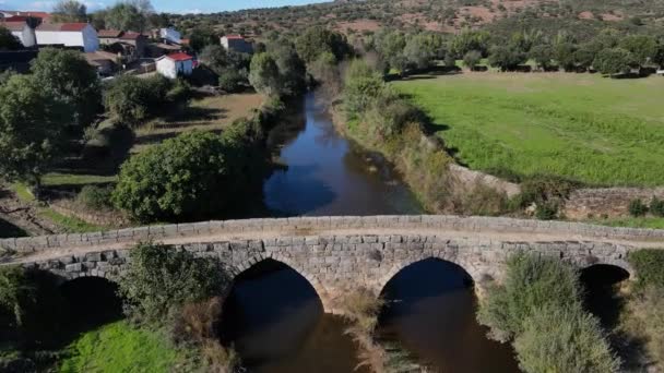 Drone Πετά Πάνω Από Ρωμαϊκή Γέφυρα Δίπλα Μια Μικρή Πόλη — Αρχείο Βίντεο