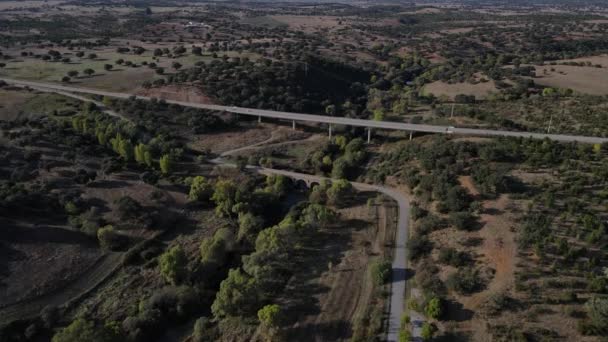Roman Bridge Vila Formosa Surrounding Rural Landscape Portugal Aerial Forward — Stockvideo