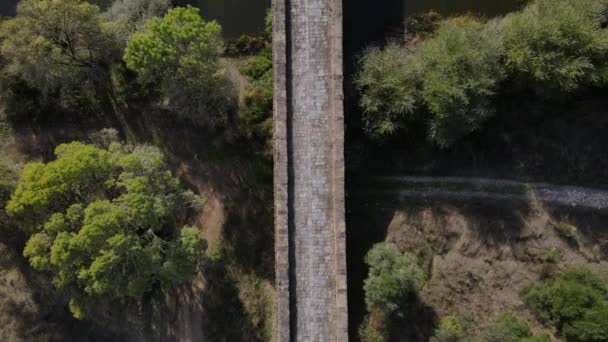 Roman Stone Bridge Seda River Vila Formosa Portugal Aerial Top — 비디오