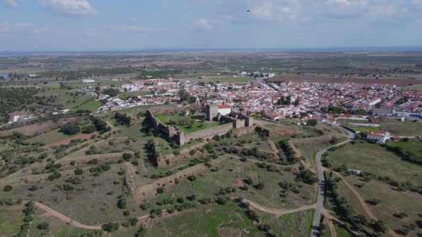 Aerial Circling Mourao Castle Surrounding Landscape Portugal — Vídeos de Stock