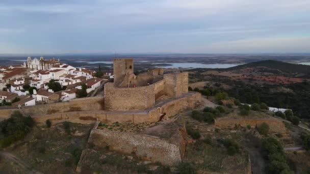 Aerial Orbiting Monsaraz Castle Defensive Walls Sunset Portugal — 비디오