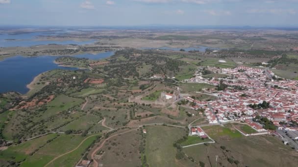 Mourao Castle Walls Surrounding Countryside Portugal Aerial Forward Descending — Stockvideo