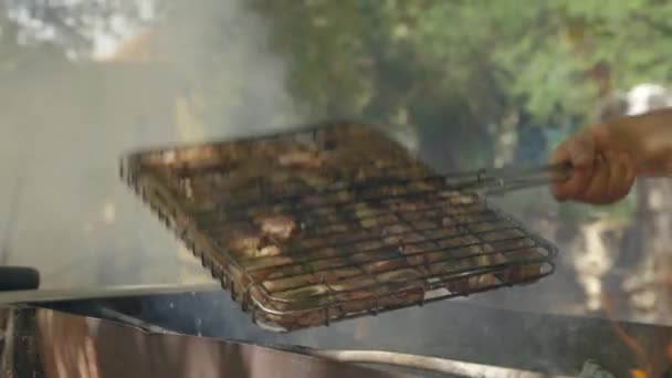 Slow Motion Man Turning Meat Barbeque 60Fps – Stock-video
