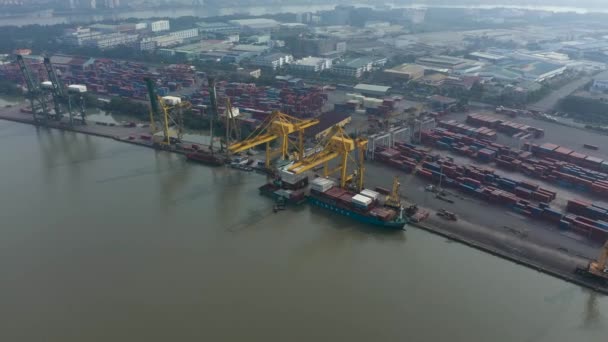 Дрони Літають Над Річкою Сайгон Портом Мін Єтнам Контейнерним Кораблем — стокове відео
