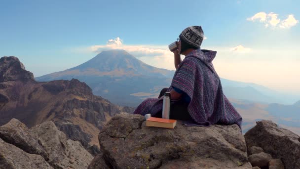 Mann Sitzt Draußen Auf Felsen Und Hält Ein Buch Der — Stockvideo