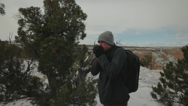 Cold Shivering Man Trying Stay Warm Woods Snowstorm — Stockvideo