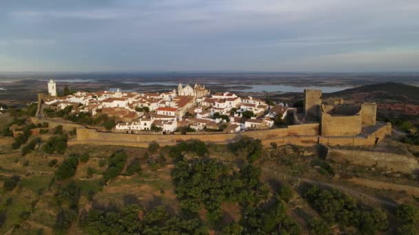 Drone Follows Medieval Wall Town Monsaraz Castle White Walls Tile — Stockvideo