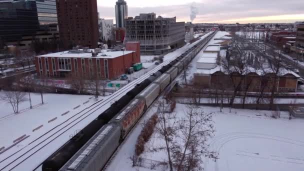 Trein Olie Trailers Passeren Trog Stad Centrum Calgary Winter Sneeuw — Stockvideo