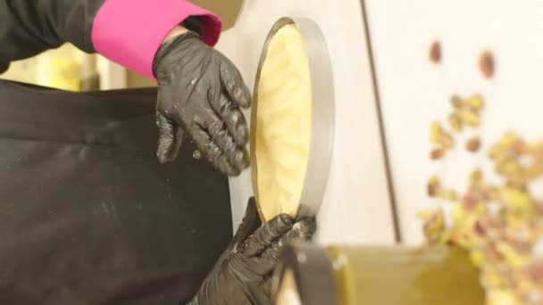 Gloved Hands Shaping Pie Dough Baking Sheet Vertical Shallow Focus — Stockvideo