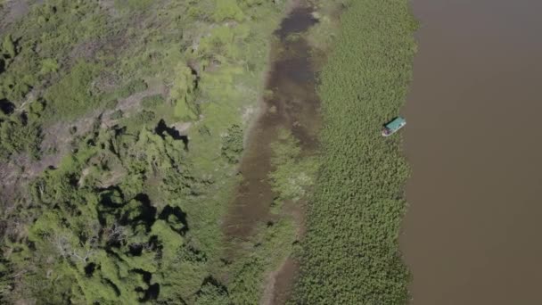 Pantanal Drone Filming Lake Boat Water Land — Wideo stockowe