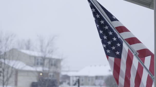 American Flag Blowing Wind Winter Storm — Stockvideo