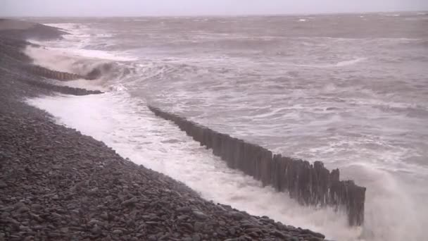 Waves Breaking Wooden Sea Defences Storm Franklin Minehead Somerset 20Th — Vídeo de stock