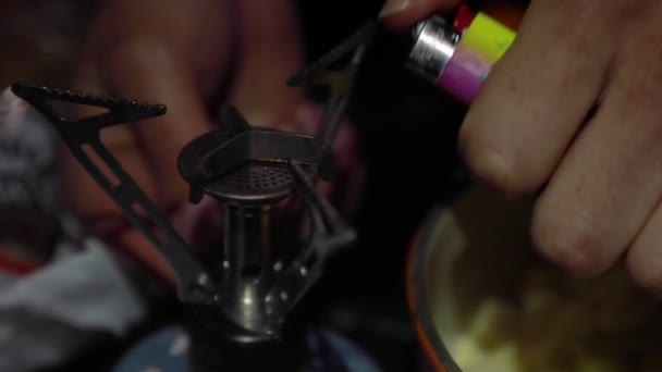 Camper Hands Lighting Small Camping Stove Lighter Close Slow Motion — Stok video