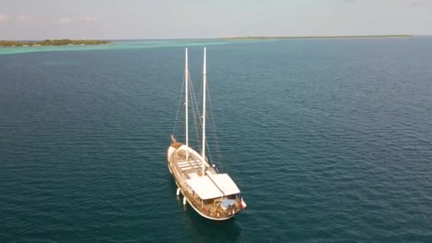 Pitchfork Yacht Sailing Blue Water Next Maldivian Island Green Trees — Video Stock