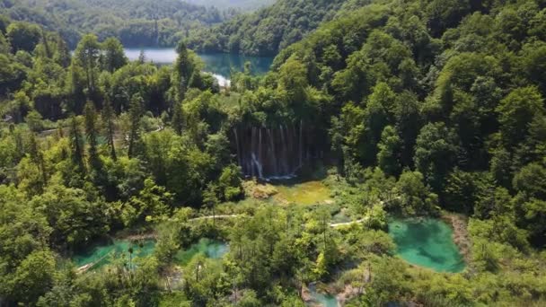 View Plitvice Lakes National Park Many Green Plants Beautiful Lakes — Vídeo de Stock