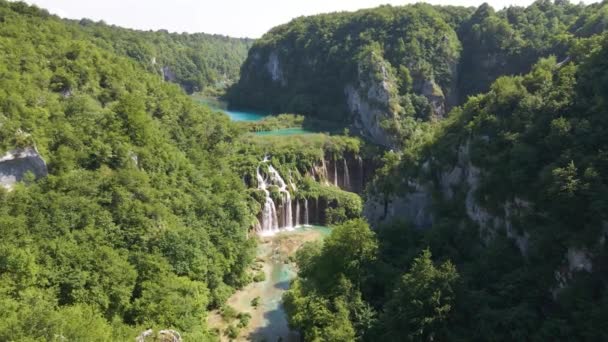 Top View Beautiful Plitvice Lakes National Park Many Waterfalls Waterfall — Vídeo de Stock