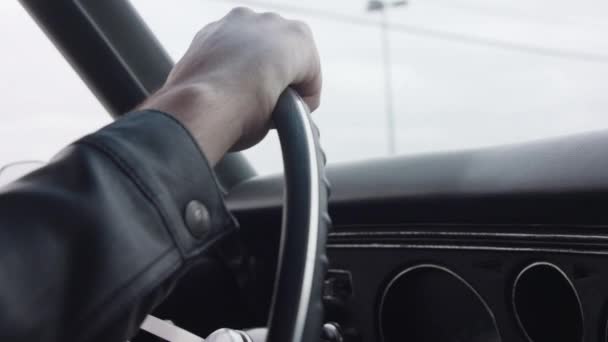 Close Wheel Classic Car Man Leather Jacket Steers — Video