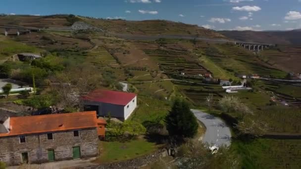 Drone Flight Follows Car Winding Road Northern Portuguese Mountains Wine — 图库视频影像
