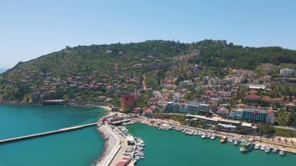 Awesome Aerial View Alanya Marina Kizil Kule Red Tower Tersane — Vídeos de Stock