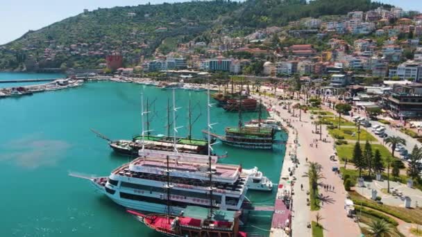 Naves Excursión Puerto Costa Este Balneario Turquía Alanya Vista Del — Vídeos de Stock