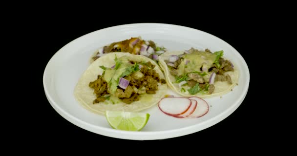 Three Tacos Meat Sauces Turntable Mexican Food — Video