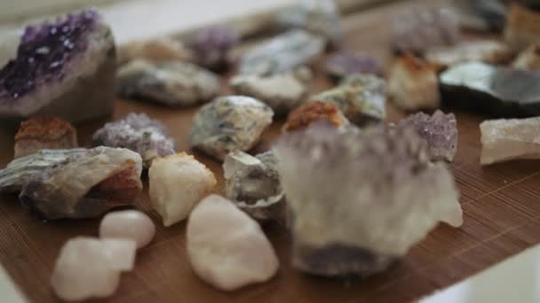 Collection Rocks Minerals Laid Out Table — Stok video
