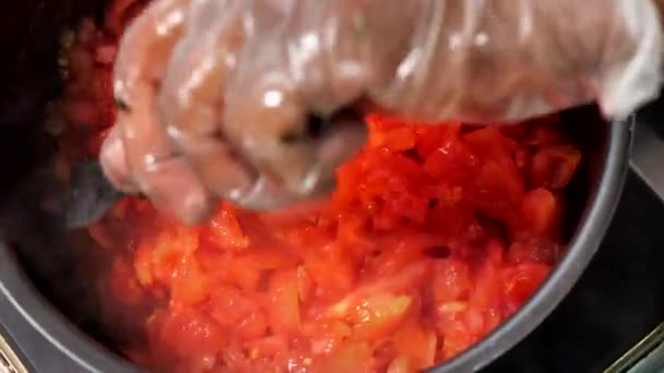 Chef Prepares Tomato Preparation Gloves Hand Shakes Fork — Stock video