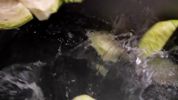 Cutting Cabbages Thrown Water Container — Video Stock