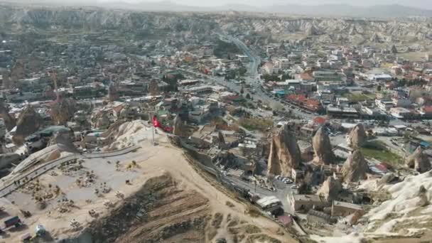 Aerial Top Drone Shot Town Foothills Cappadocia Turkey Daytime — Stockvideo