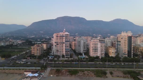 Aerial Drone Shot Row Residential Buildings Hotels Seaside Alanya Turkey – Stock-video