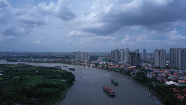 Aerial Panning Shot Large River Boats Carrying Shipping Containers Saigon — стокове відео