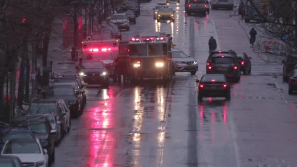 Slow Motion New York Traffic Fire Truck Ambulance Wet Manhattan — Video