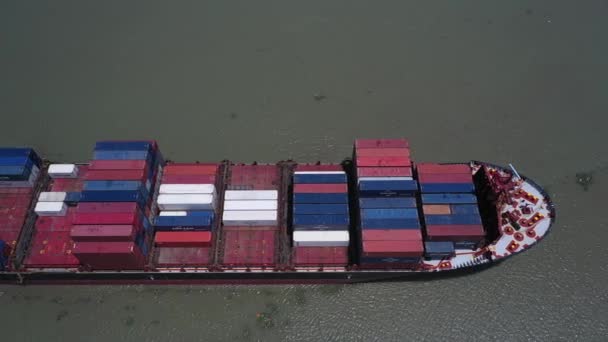 Aerial Side Top View Large Container Ship Cruising Slowly Sunny — Stok video