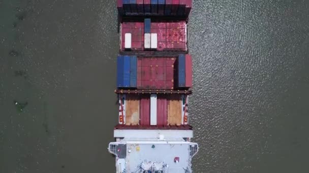 Top Aerial View Stern Bridge Large Container Ship Sunny Day — Vídeo de stock