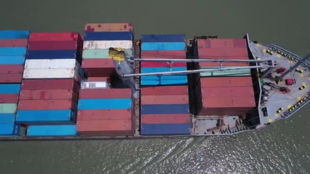 Top Aerial View Large Container Ship Sunny Day Whole Ship — 图库视频影像