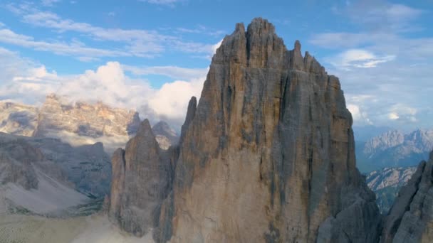 Aerial View Flying Close Tre Cime Rough Mountain Range Stone — Stock Video