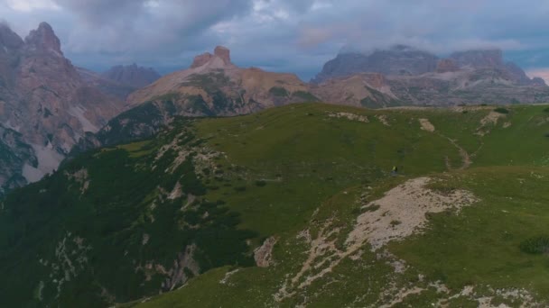 Tre Cime South Tyrol Grassy Mountain Valley Slopes Aerial View — Stock Video