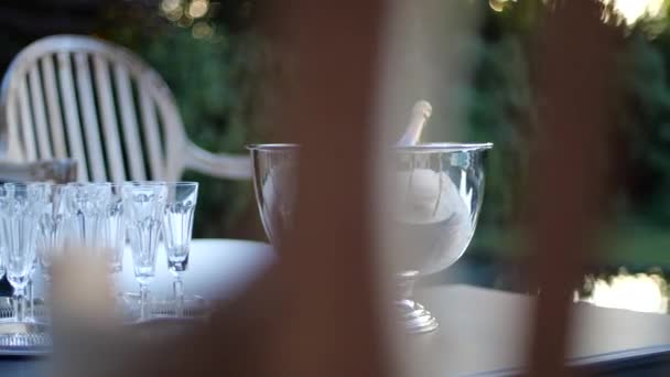 Şişe Veuve Clicquot Şampanyası Gümüş Kâse Buzlu Önünde Misafirler Için — Stok video