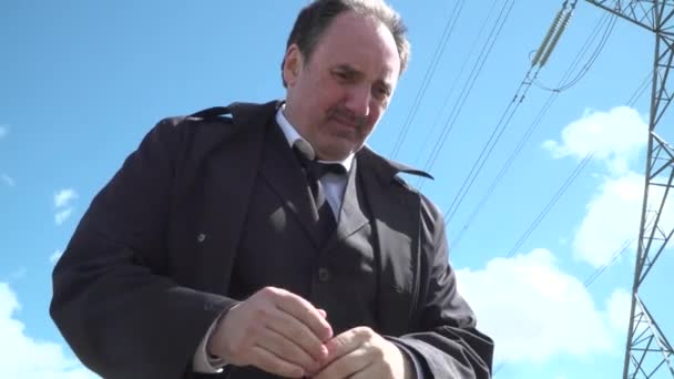 Business Mobster Coat Rubbing Uneasily His Hand Together While Standing — Vídeo de Stock