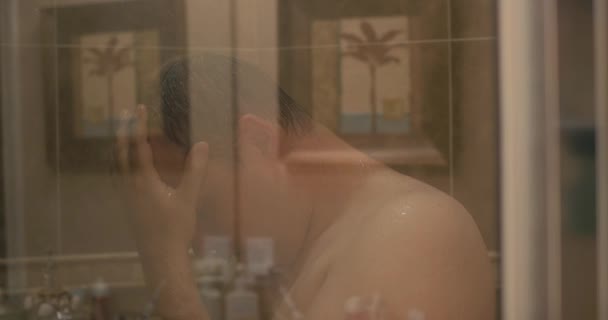 Man Takes Shower Sad Lost Self Reflection — Vídeo de Stock