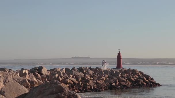 Couple Walks Pier Very Love Had Just Gotten Married — Stock Video