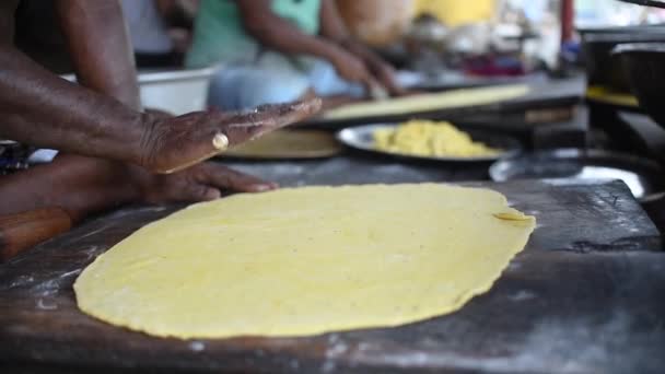 Man Sprinkling Flour Using Rolling Pin Flatten Out Dough Slow — Stockvideo