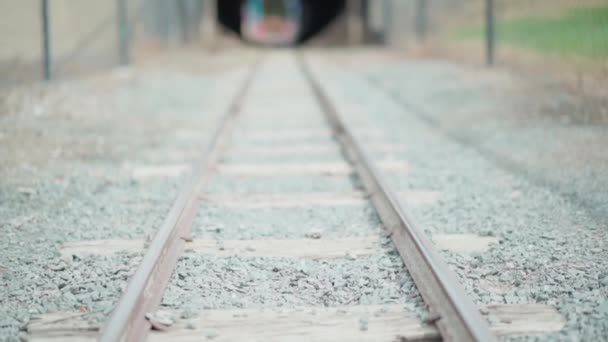 Mini Railroad Tracks Leading Dark Tunnel — Stock video