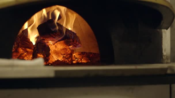 Closeup Wood Burning Fire Neapolitan Style Pizza Oven Nice Restaurant — 图库视频影像